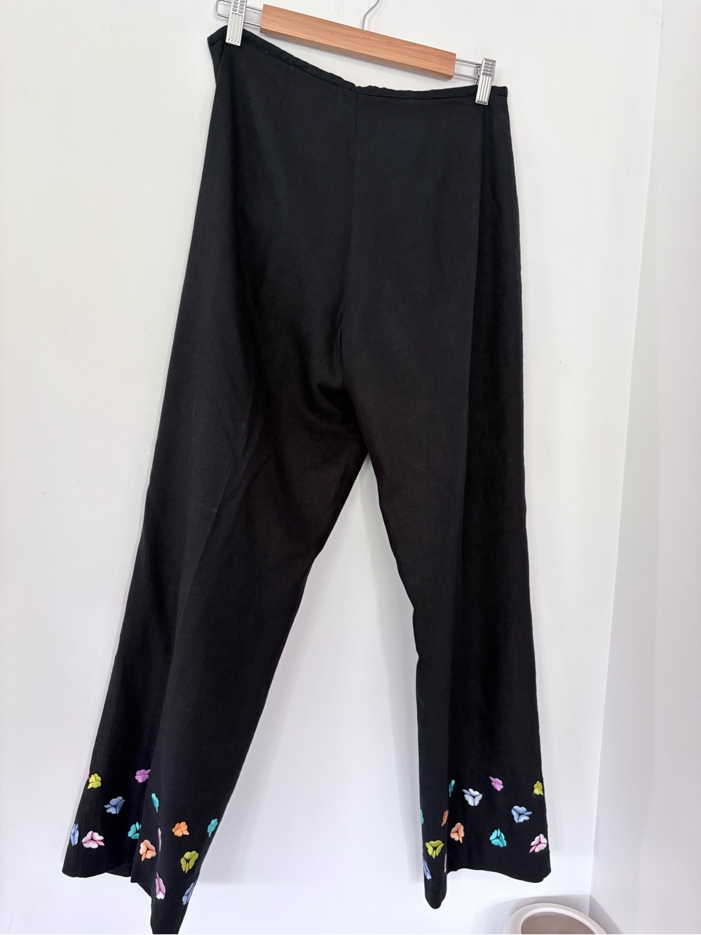 NICOLE STUDIO 8 Black Linen Rayon Lined Pants Floral Embroider 28.5 Inseam EUC